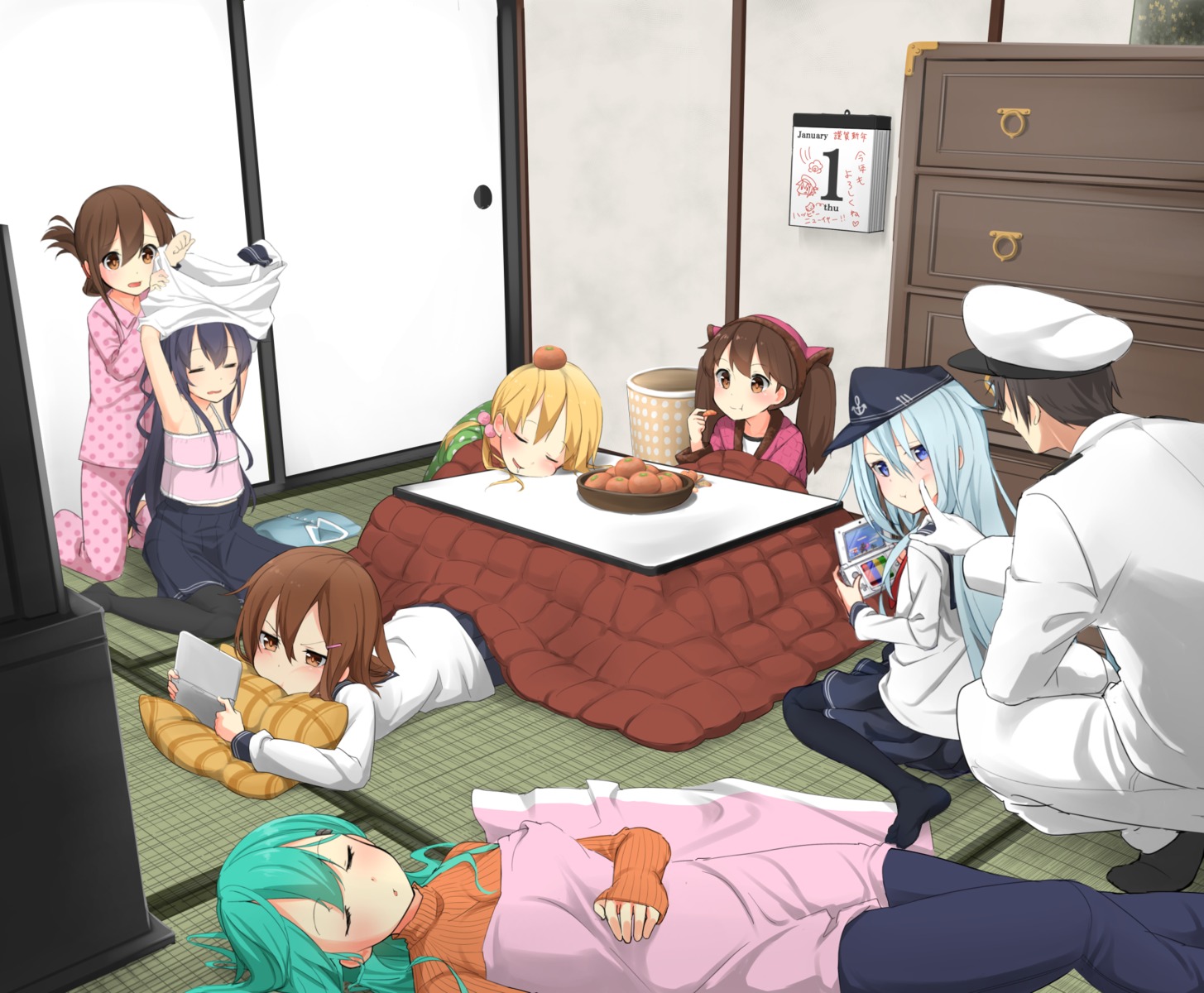 admiral_(kancolle) akatsuki_(kancolle) hibiki_(kancolle) ikazuchi_(kancolle) inazuma_(kancolle) kantai_collection musk_tiger pajama pantyhose prinz_eugen_(kancolle) ryuujou_(kancolle) seifuku suzuya_(kancolle) sweater undressing