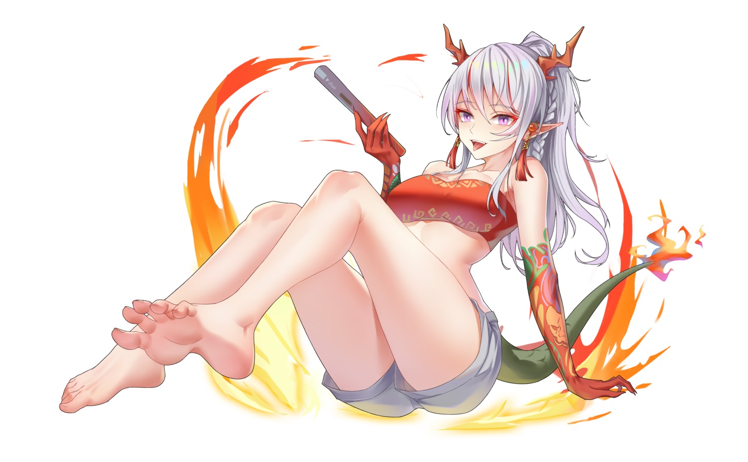 aluo_7762 arknights feet horns nian_(arknights) no_bra pointy_ears tail tattoo