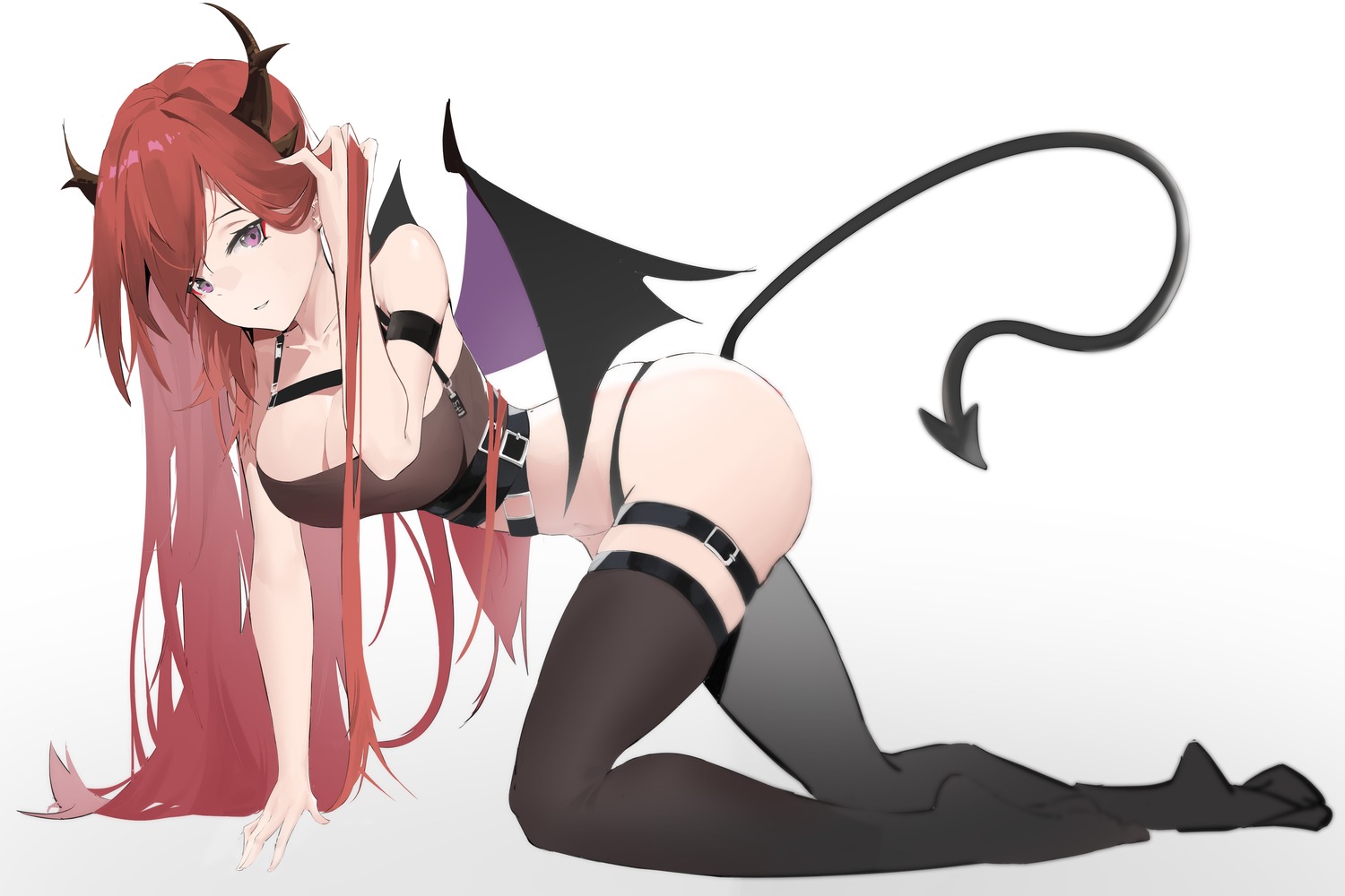 arknights cleavage foorzzz garter horns jpeg_artifacts no_bra pantsu surtr_(arknights) tail thighhighs wings