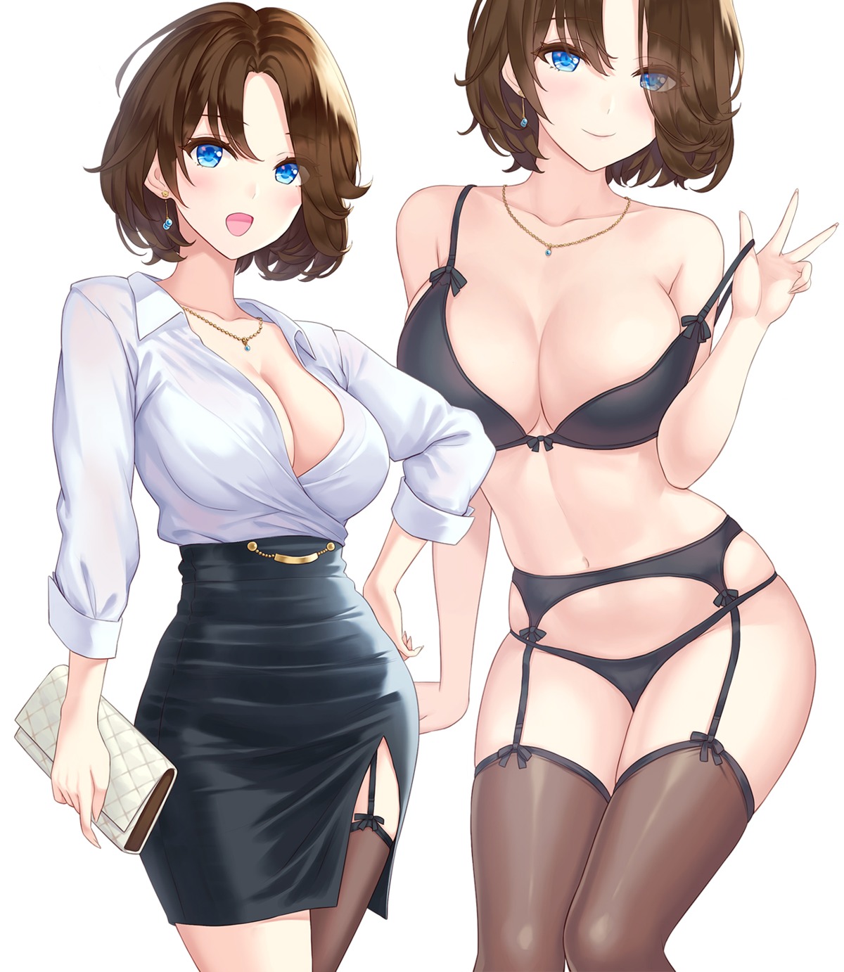 bra cleavage dress_shirt garter_belt hamahama open_shirt pantsu stockings thighhighs