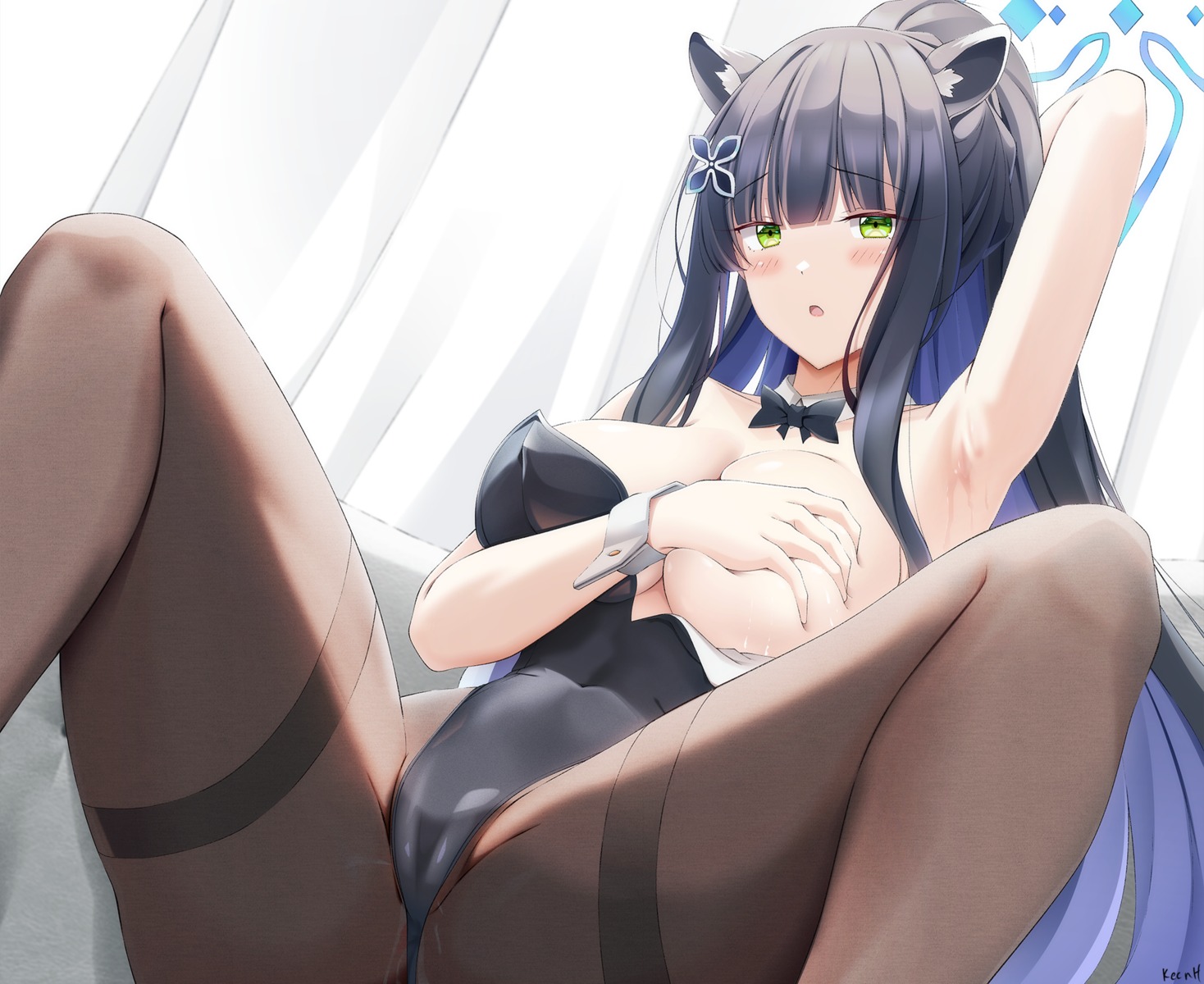 animal_ears blue_archive breast_grab breasts bunny_girl cameltoe halo keenh no_bra pantyhose pussy_juice sunohara_shun