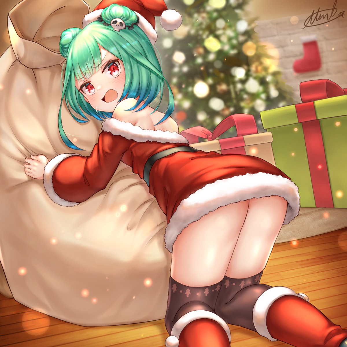 ass christmas dress hololive loli miko_no_kamiko no_bra nopan skirt_lift thighhighs uruha_rushia