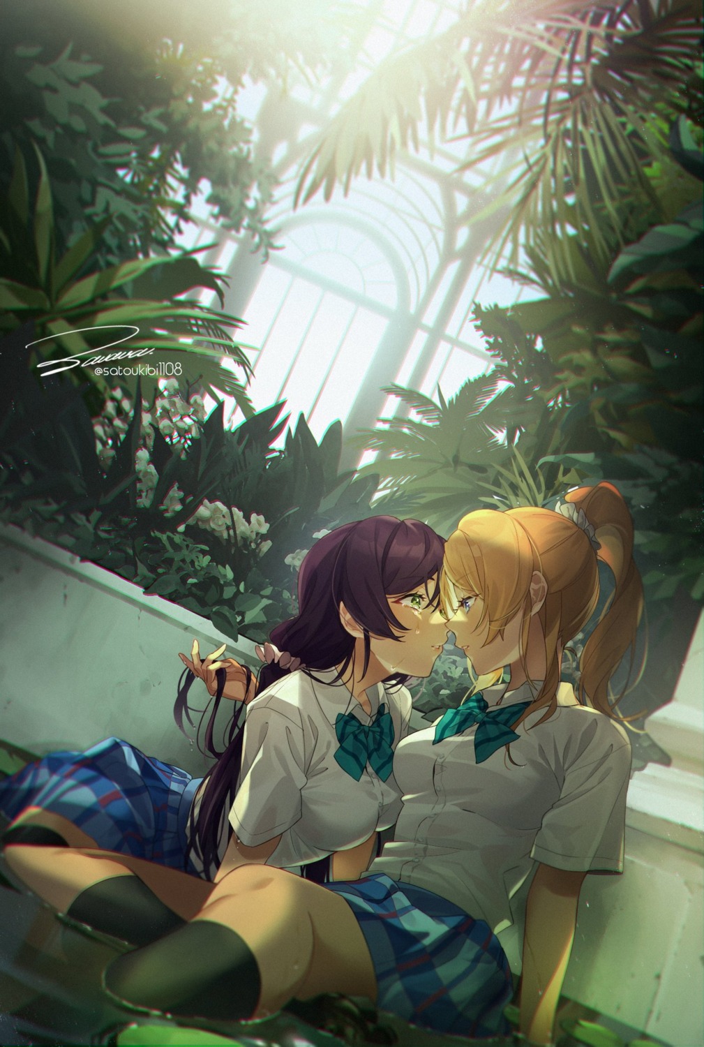 ayase_eli love_live! seifuku thighhighs toujou_nozomi wet yuri zawawa_(satoukibi1108)