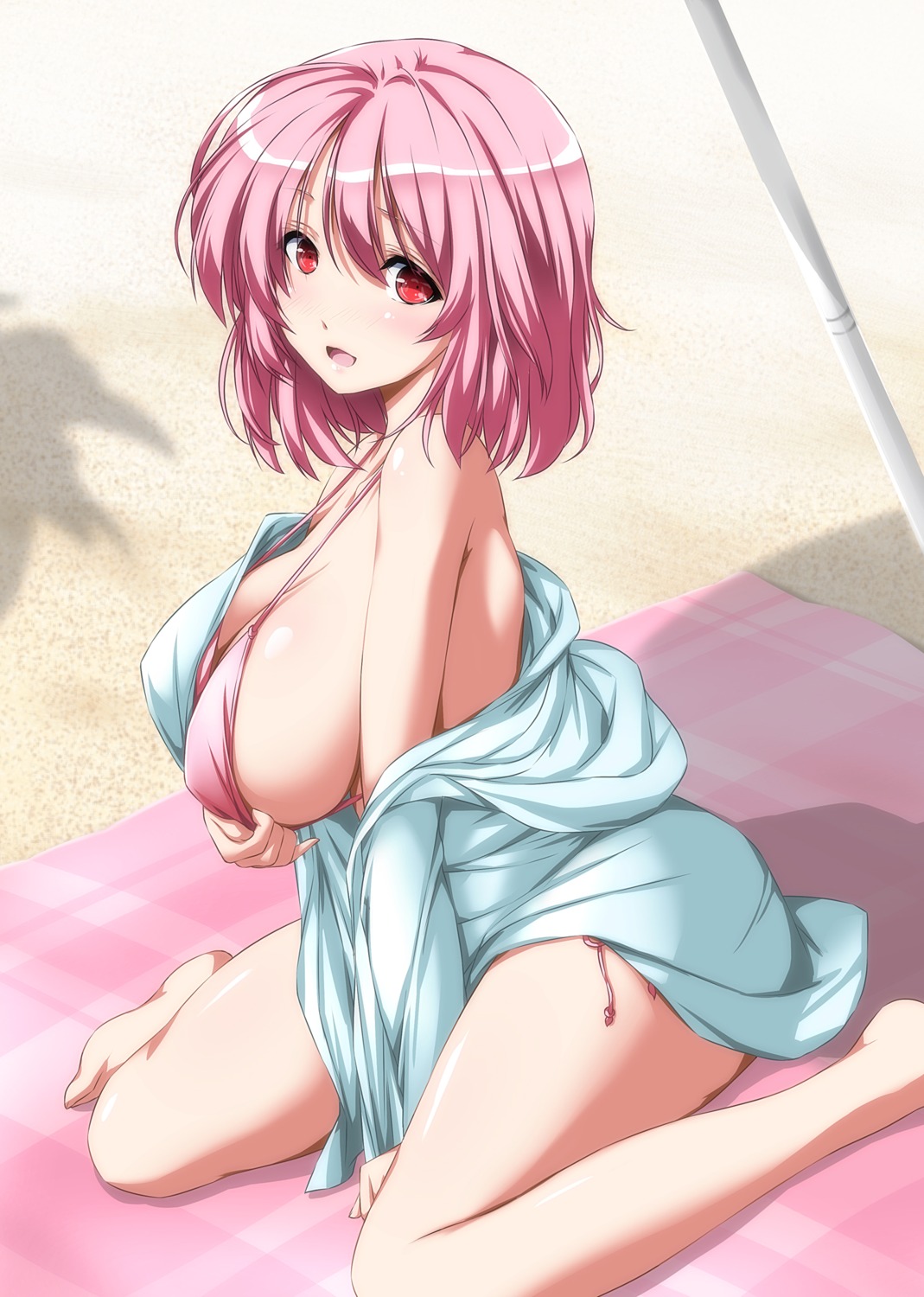 bikini cleavage erect_nipples nori_tamago open_shirt saigyouji_yuyuko swimsuits touhou underboob undressing