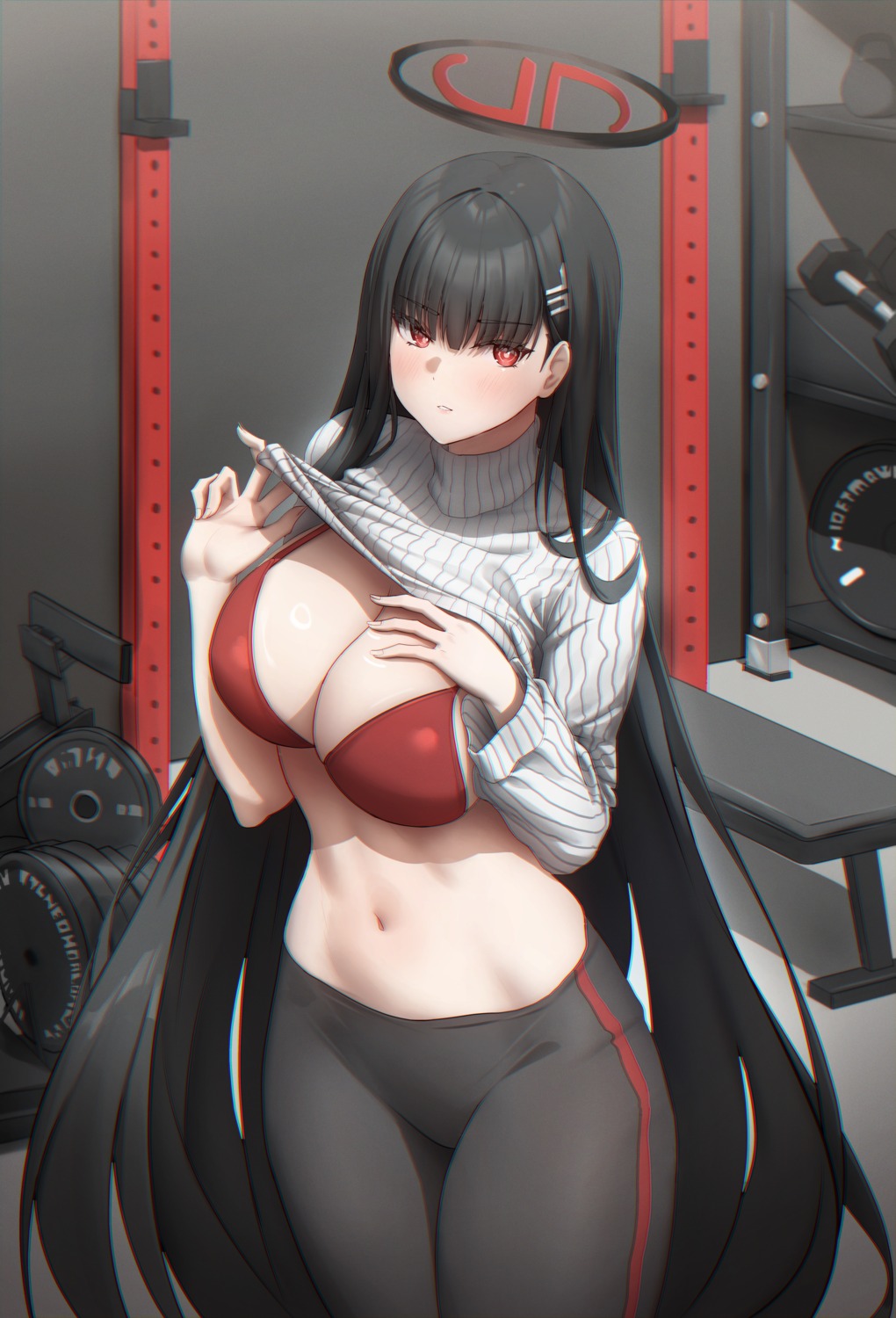 blue_archive bra gileu halo shirt_lift sweater tsukatsuki_rio undressing