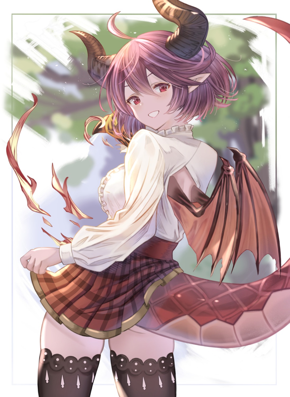 grea horns manaria_friends mohurine_cute monster_girl pointy_ears skirt_lift tail thighhighs wings