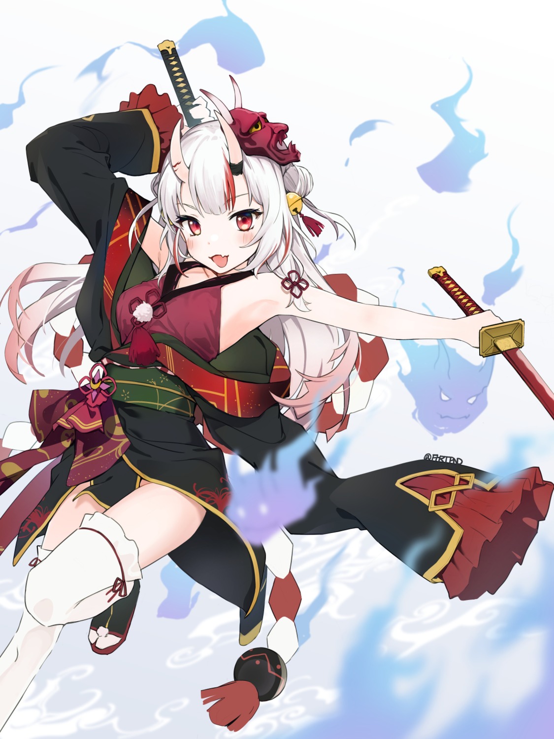 fpanda hololive horns japanese_clothes nakiri_ayame sword thighhighs