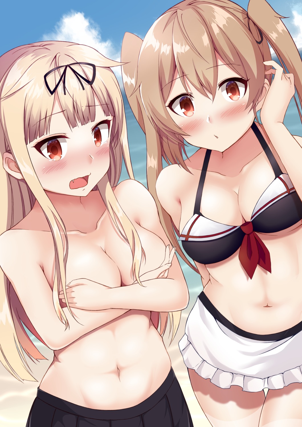 bikini breast_hold cleavage kantai_collection murasame_(kancolle) ohiya swimsuits topless yuudachi_(kancolle)