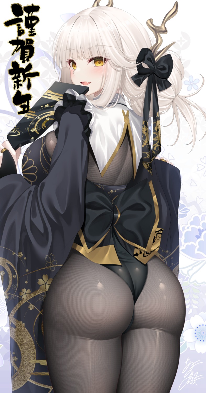 ass blanc_(nikke) horns japanese_clothes nikke_the_goddess_of_victory pantyhose yunagi_amane
