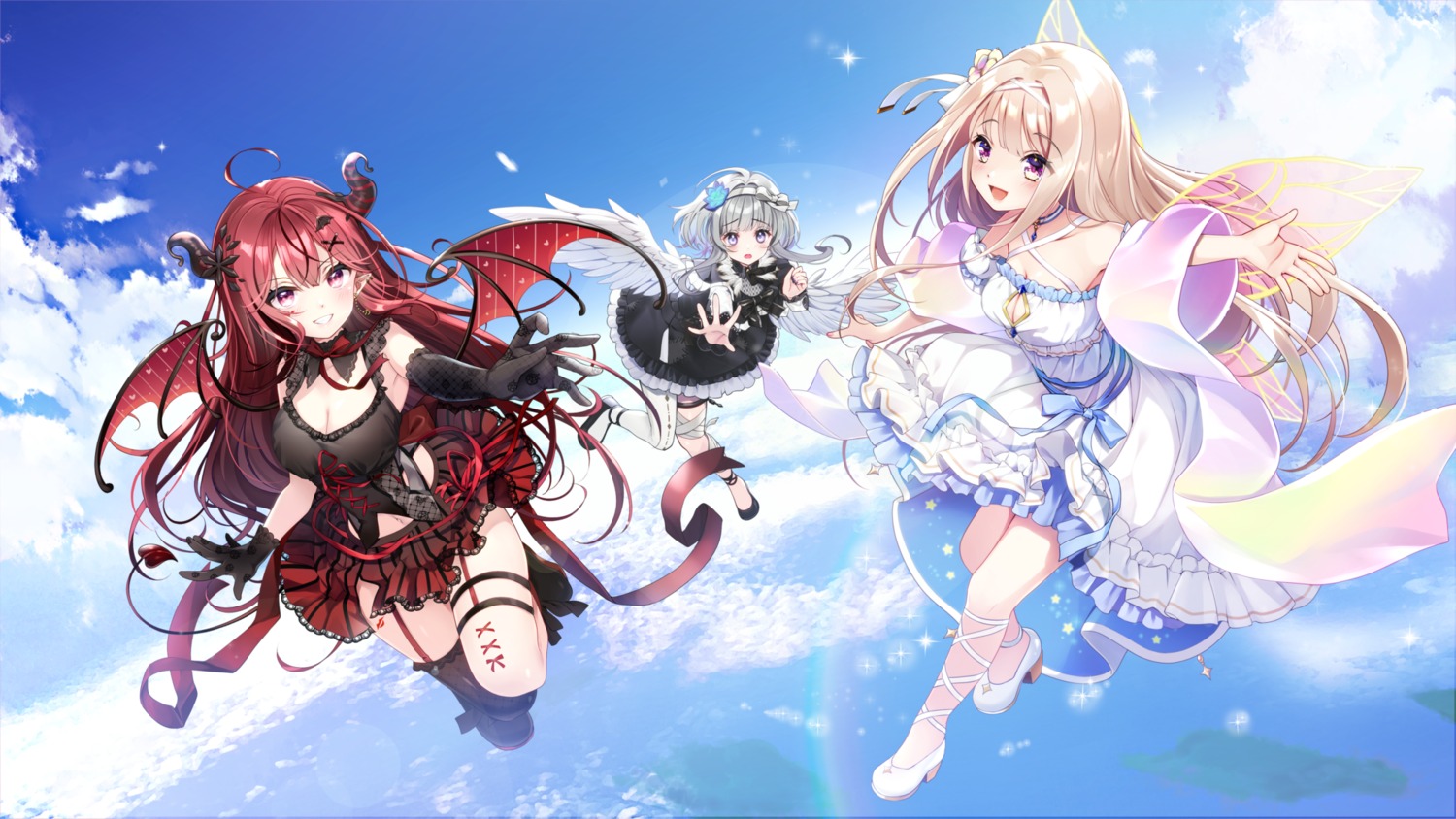 angel bandages cleavage devil dress garter heels horns pointy_ears re:act stockings tagme tail thighhighs wings