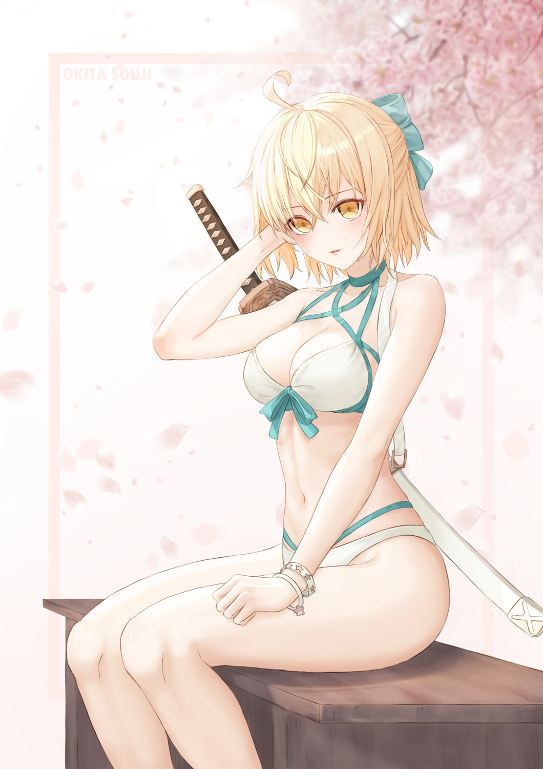 bikini cleavage eichi_(skskdi12z) fate/grand_order okita_souji_(fate) swimsuits sword