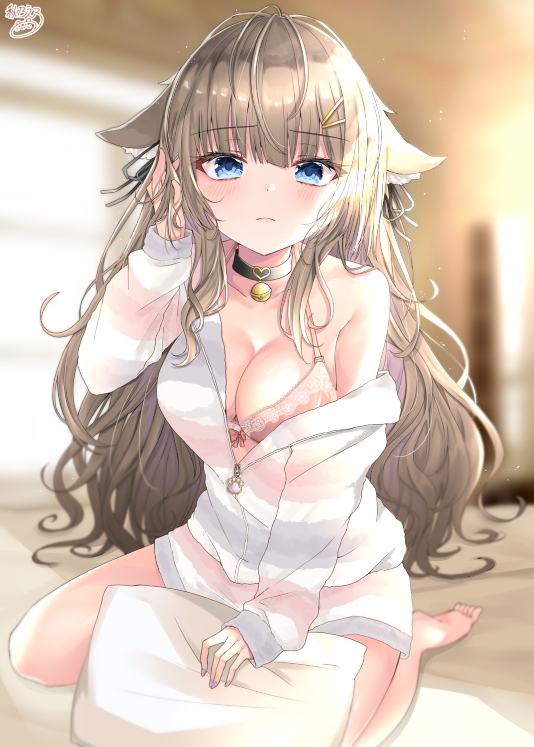 akino_ell animal_ears bra cleavage open_shirt pajama