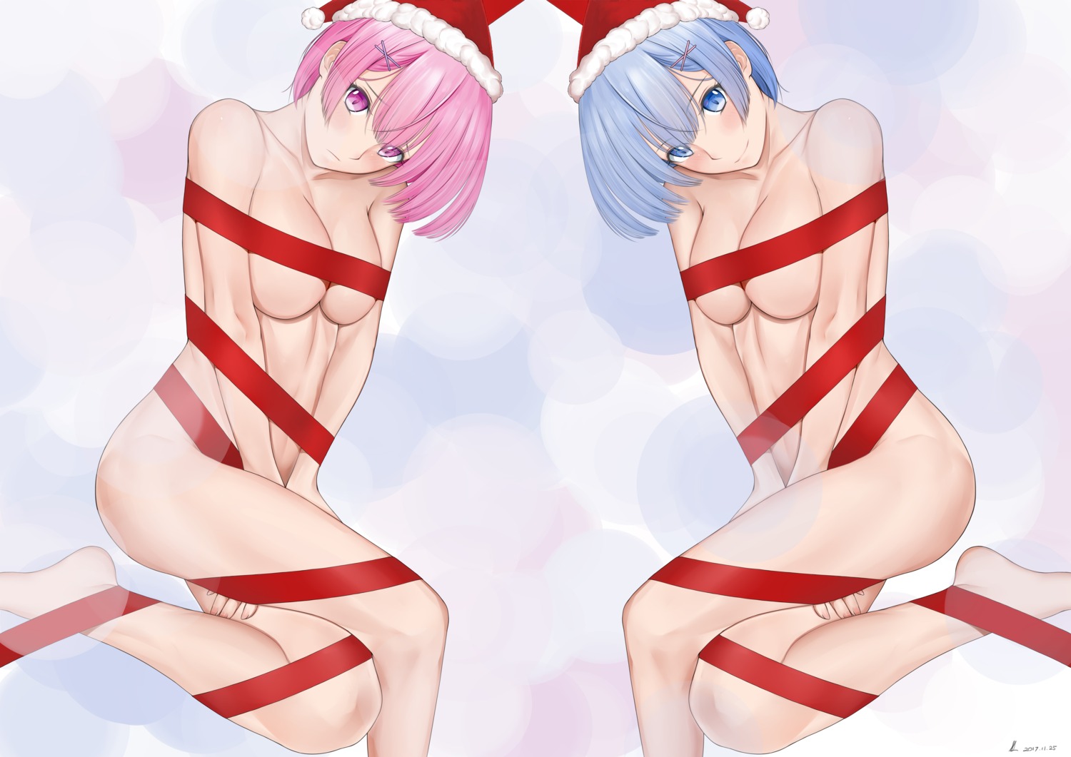 bondage christmas l-gingetsu naked_ribbon ram_(re_zero) re_zero_kara_hajimeru_isekai_seikatsu rem_(re_zero)