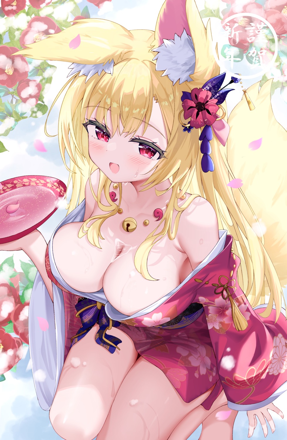 animal_ears hiyada_yuu kimono kitsune no_bra open_shirt sake tail wet