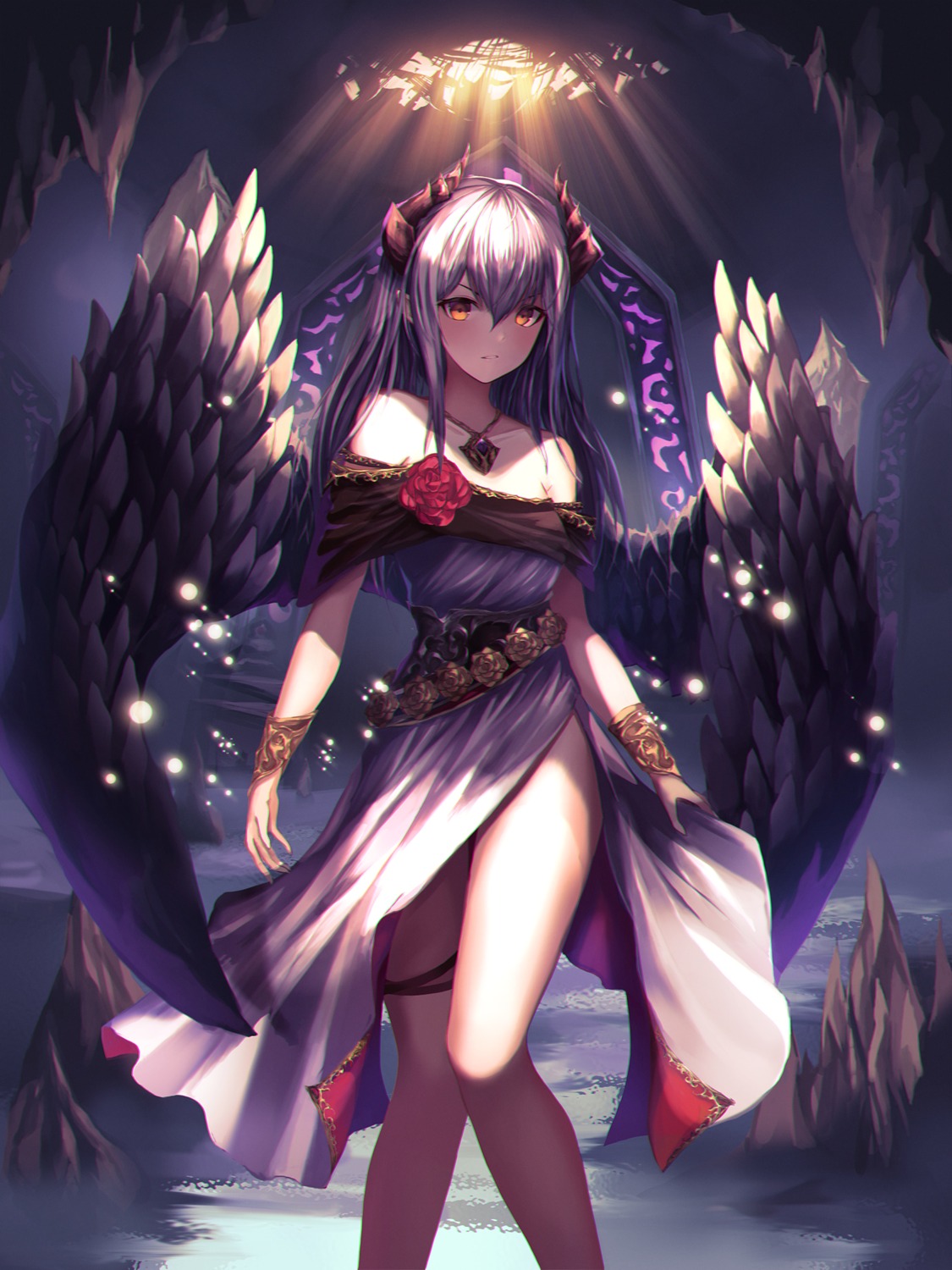 dress garter horns luc_(kor) skirt_lift wings