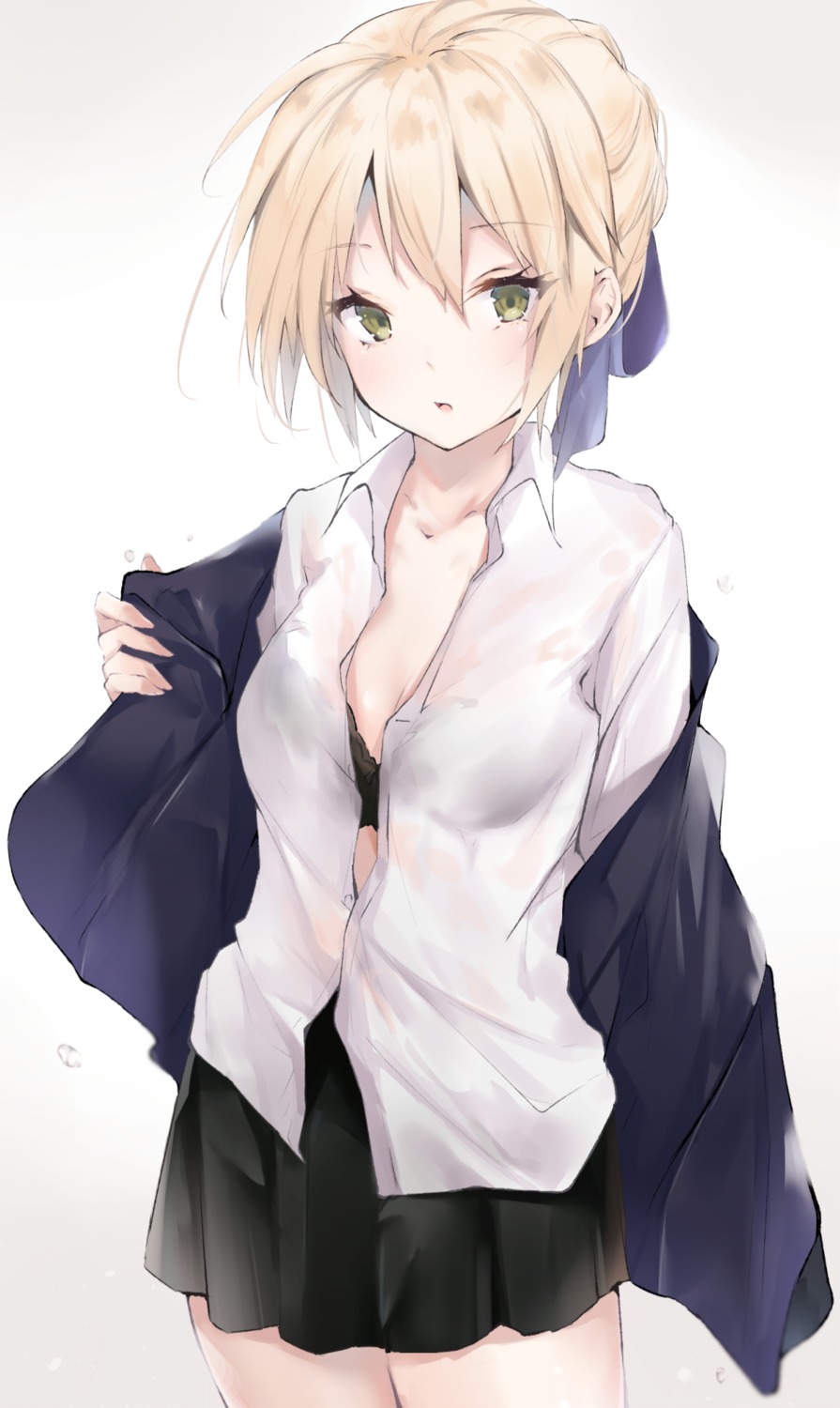 bra cleavage fate/grand_order open_shirt saber sai_(saipoko) see_through seifuku undressing wet_clothes