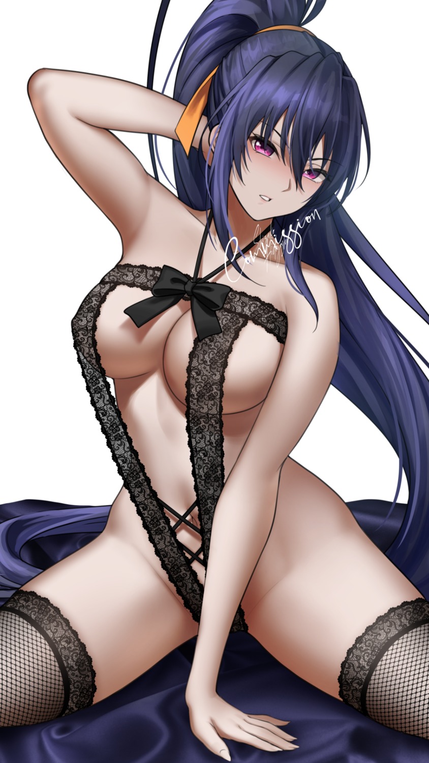 fishnets highschool_dxd himejima_akeno lingerie no_bra nopan shizuko_hideyoshi thighhighs