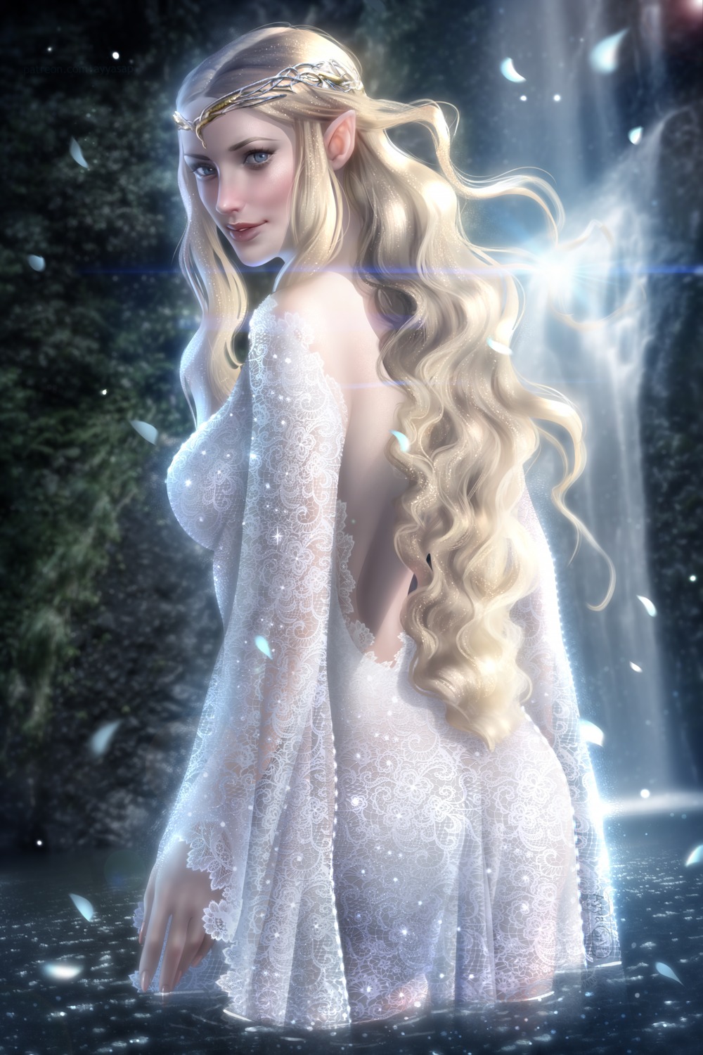 ass ayyasap dress galadriel lord_of_the_rings no_bra pointy_ears see_through wet