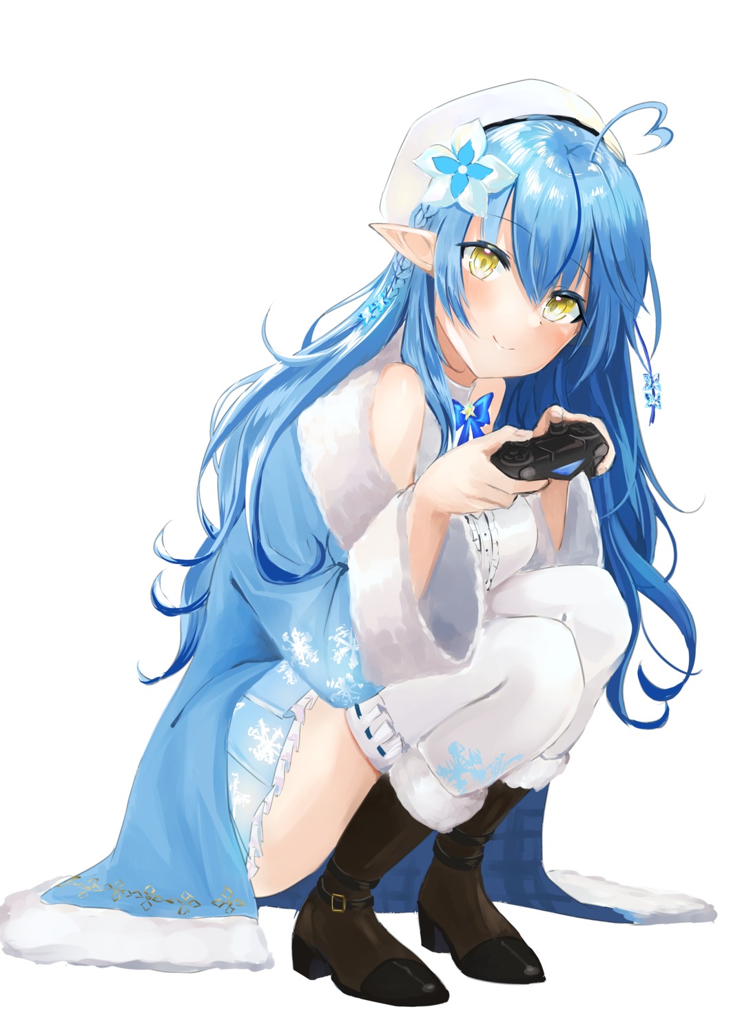 amaimomo elf heels hololive pointy_ears skirt_lift thighhighs yukihana_lamy