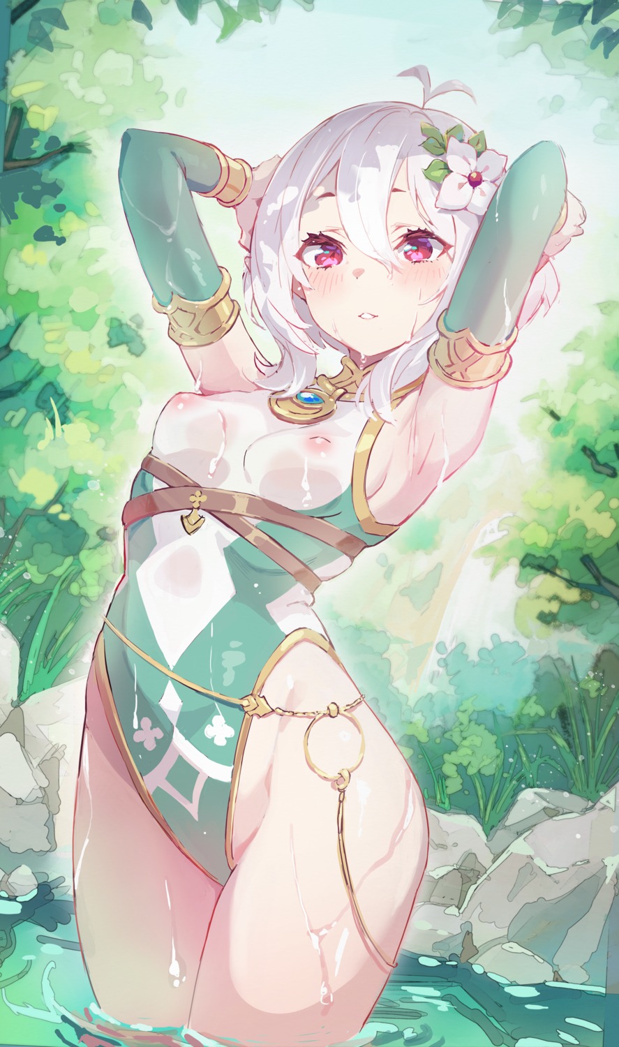 kokkoro kunikune leotard nipples no_bra pointy_ears princess_connect! princess_connect!_re:dive see_through wet