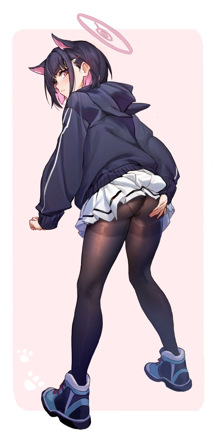 animal_ears ass blue_archive halo kyouyama_kazusa nekomimi pantsu pantyhose r1zen seifuku skirt_lift