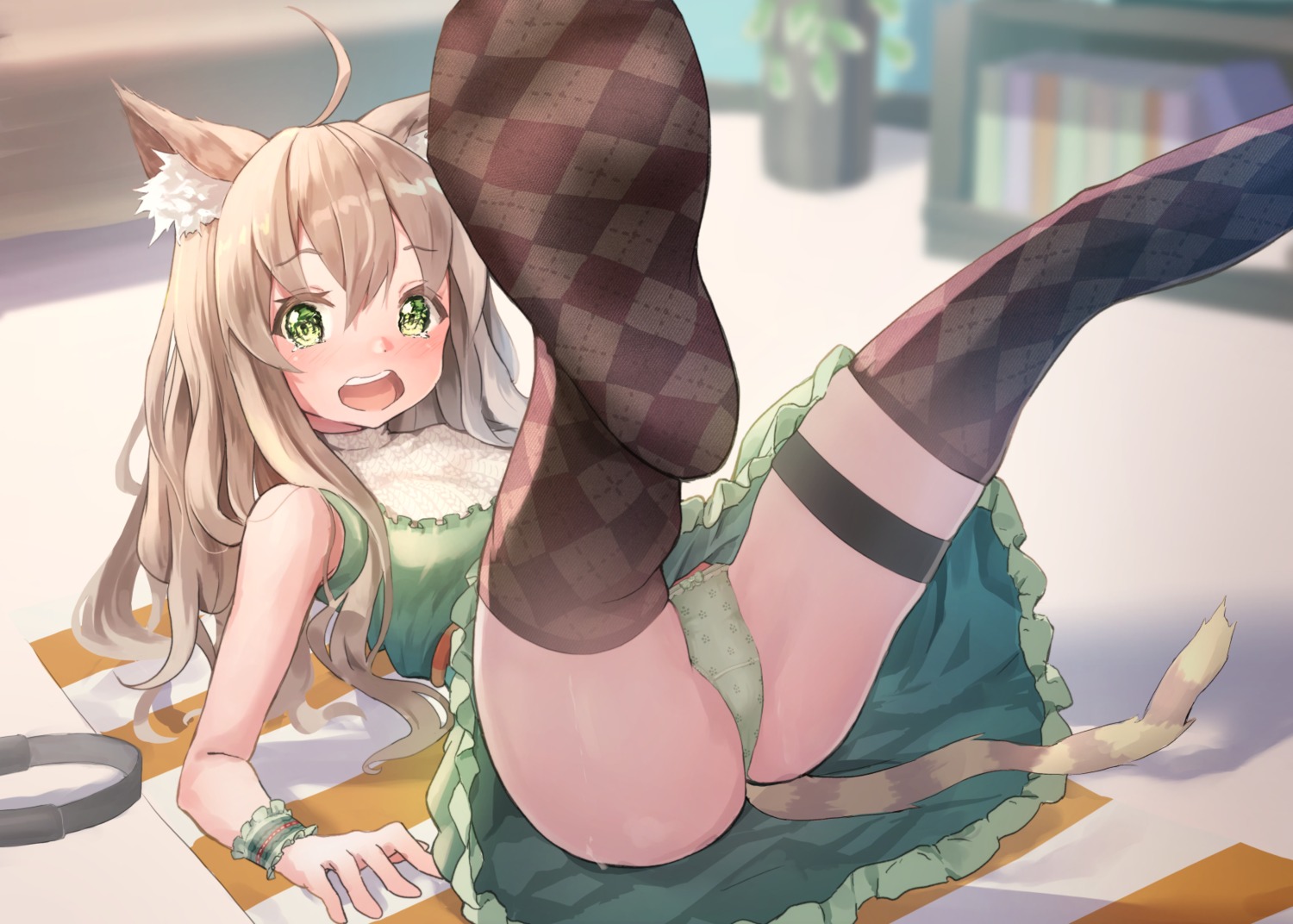 animal_ears dress feet garter kyon_(kyouhei-takebayashi) nekomimi pantsu skirt_lift sweater tail thighhighs thong