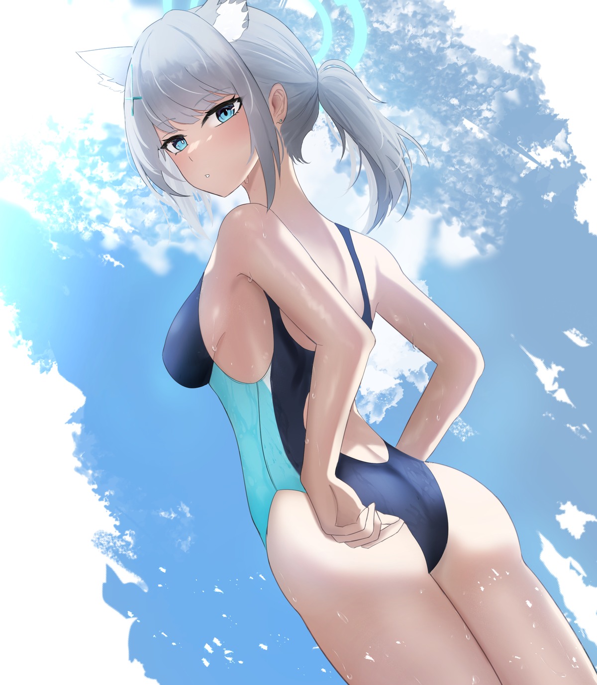 animal_ears ass blue_archive halo nekomimi niuwajun sunaookami_shiroko swimsuits