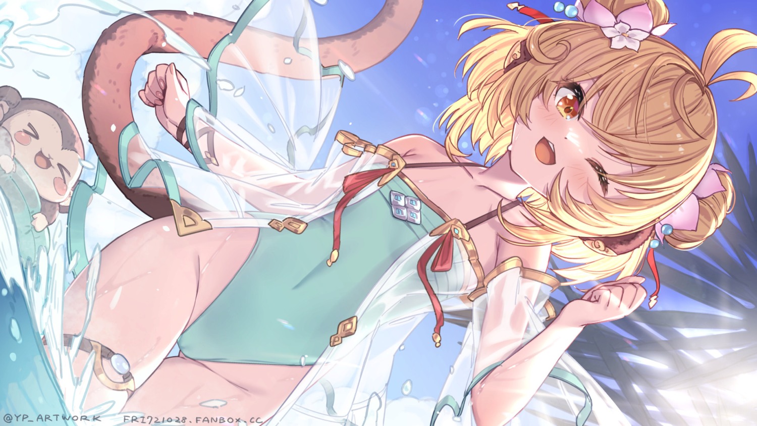 andira_(granblue_fantasy) animal_ears cameltoe garter granblue_fantasy loli see_through swimsuits tail wallpaper wet wet_clothes yellowpaint.