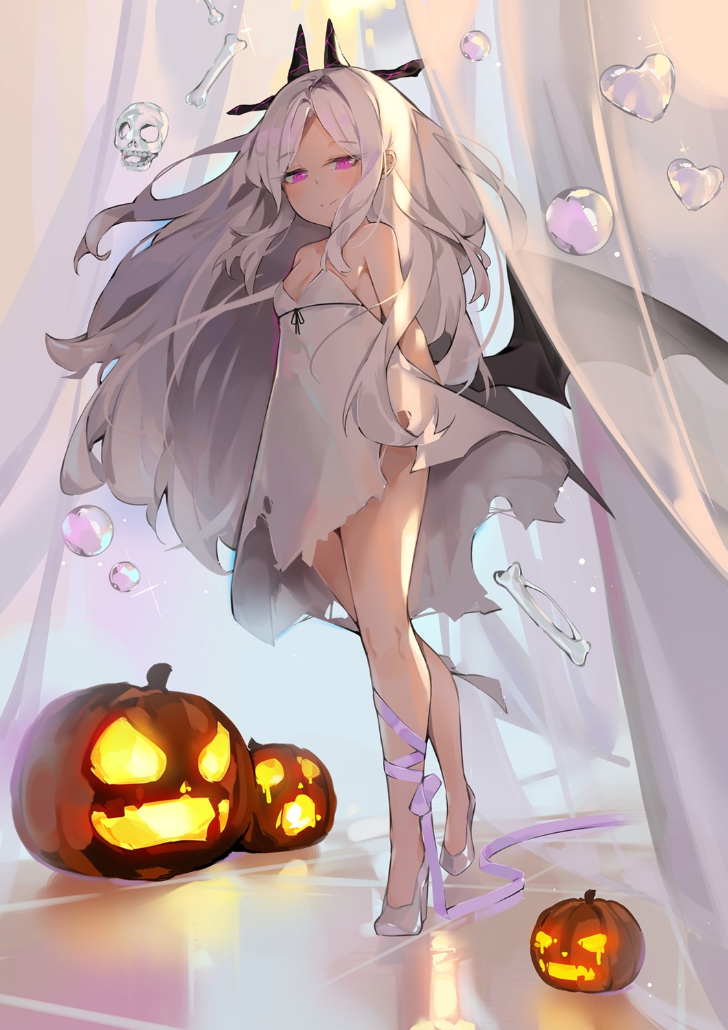 blue_archive dema_hmw dress halloween heels horns loli no_bra sorasaki_hina torn_clothes