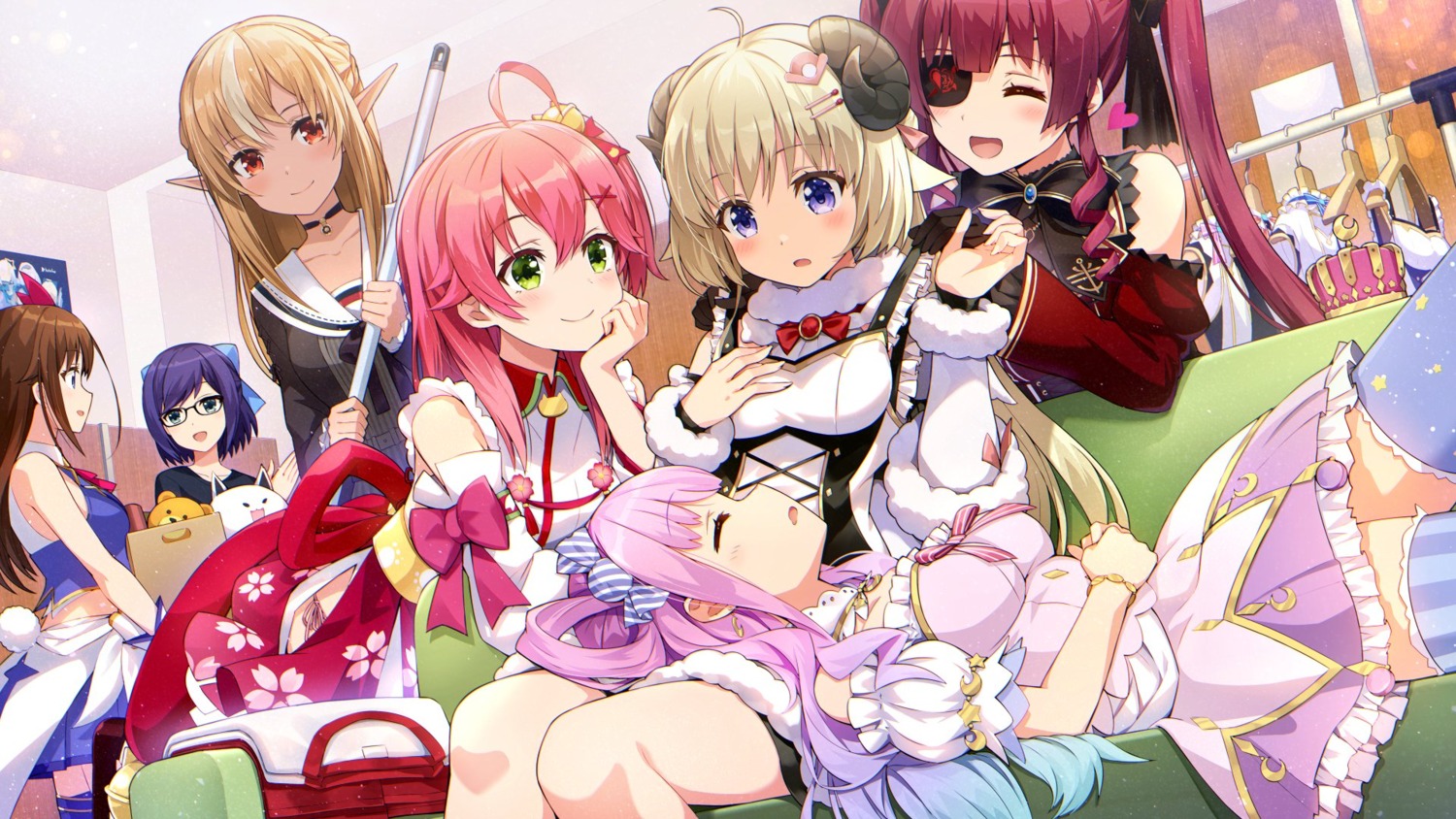 animal_ears dress elf eyepatch himemori_luna hololive horns houshou_marine japanese_clothes megane ordan pointy_ears sakura_miko seifuku shiranui_flare skirt_lift thighhighs tokino_sora tsunomaki_watame wallpaper yuri yuujin_a_(hololive)