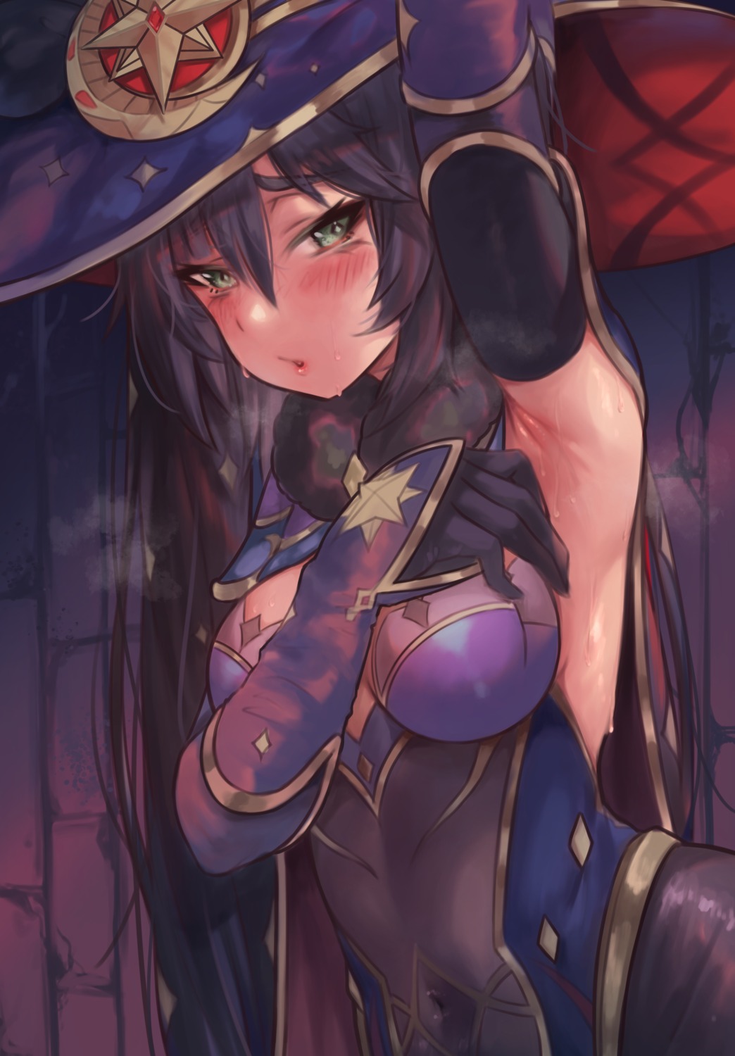 artist_revision genshin_impact leotard mona_megistus no_bra pantyhose torriet witch