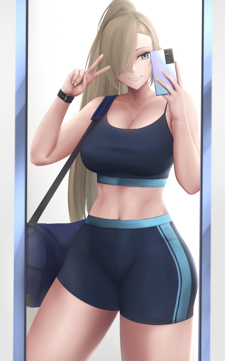 bike_shorts blue_archive cleavage eko.art gym_uniform ichinose_asuna selfie