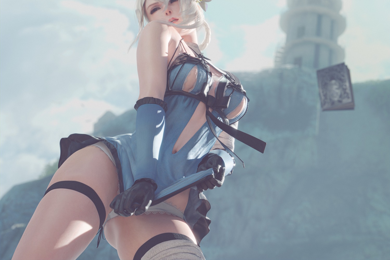 bandages dress garter kaine_(nier) nier nier_replicant no_bra pantsu sixplusone