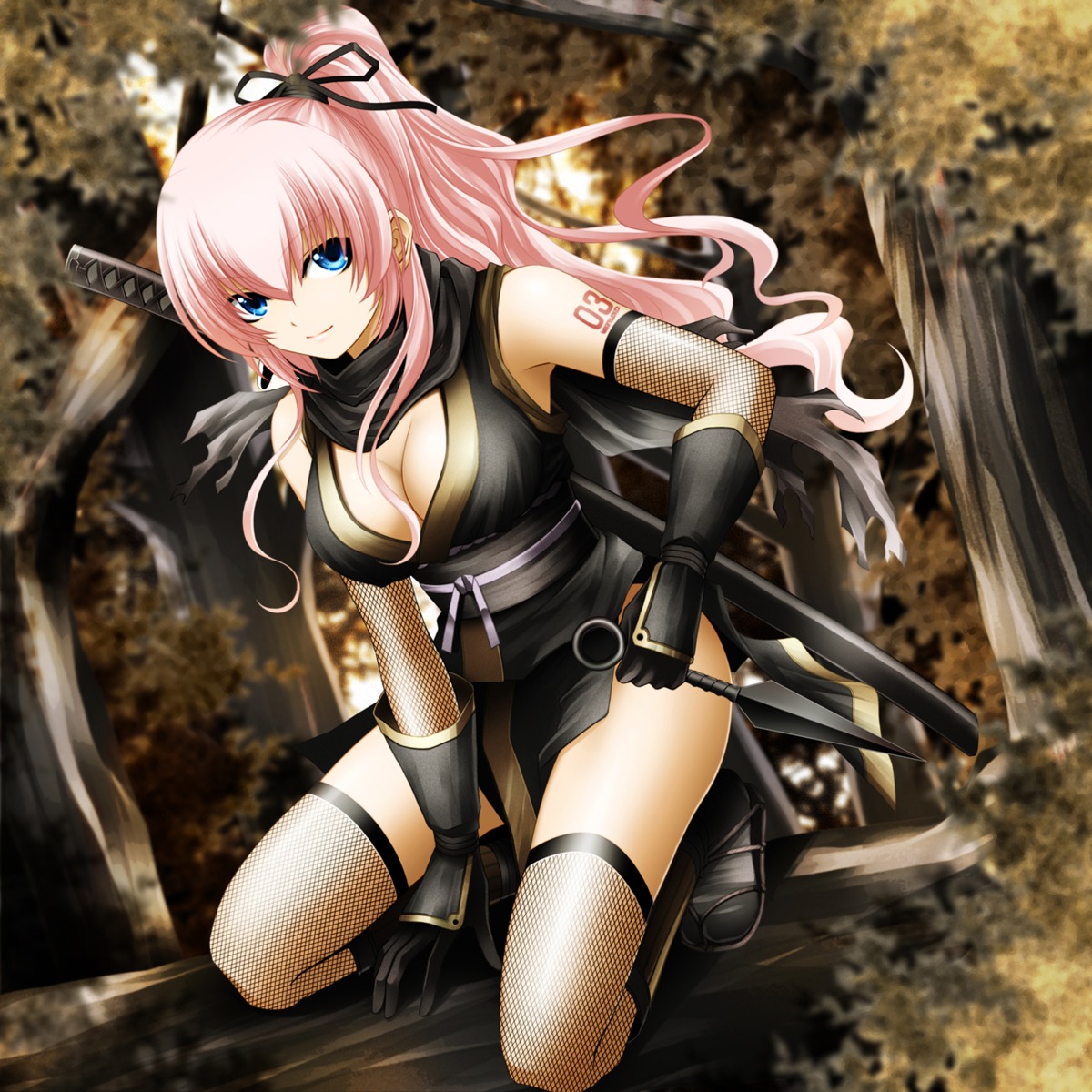 cleavage fishnets kuromayu megurine_luka ninja thighhighs vocaloid