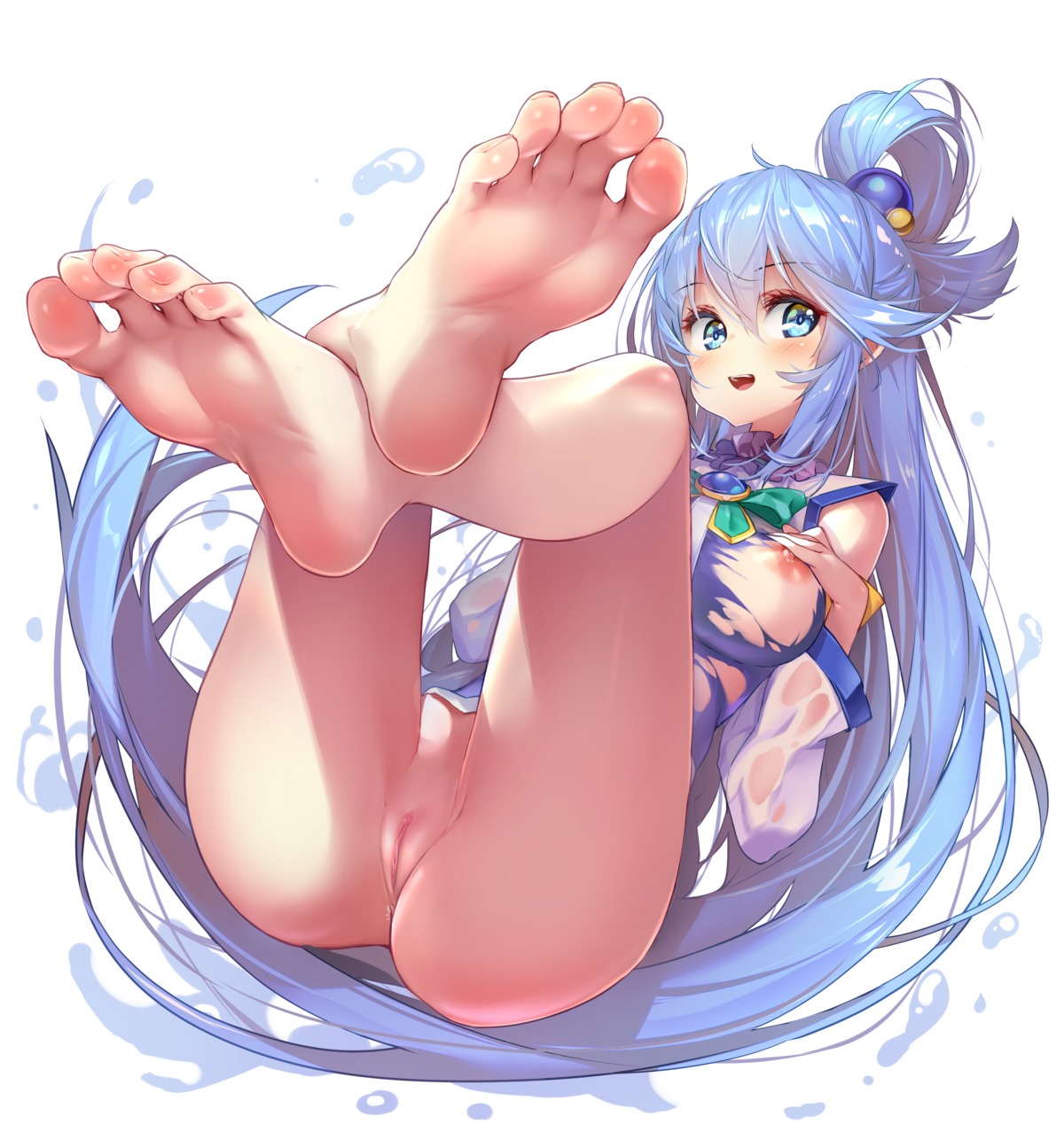 anus aqua_(konosuba) bottomless feet hong_(white_spider) kono_subarashii_sekai_ni_shukufuku_wo! nipples no_bra pussy see_through skirt_lift torn_clothes uncensored wet wet_clothes