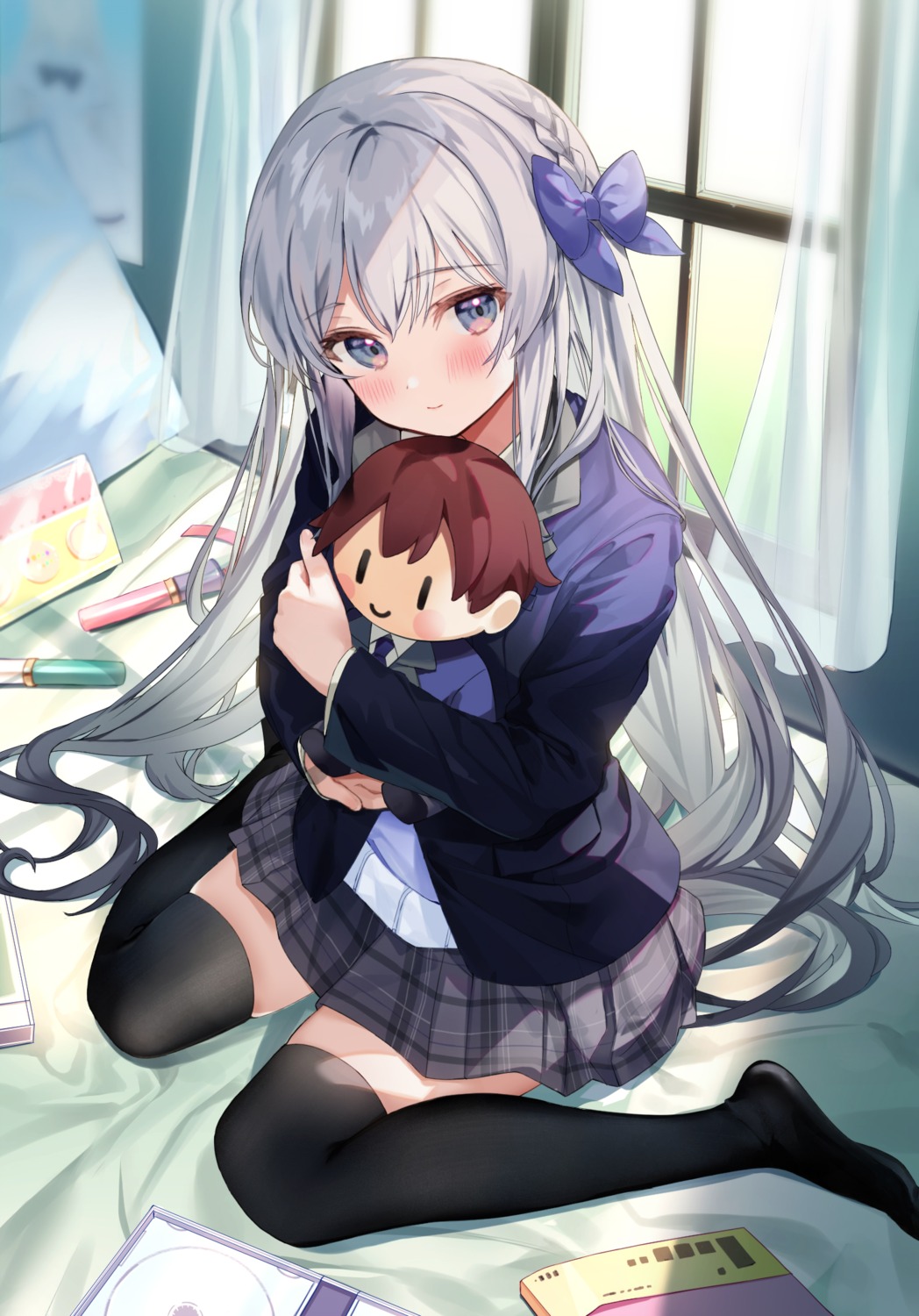 breast_hold chibi kanda_done seifuku sweater thighhighs