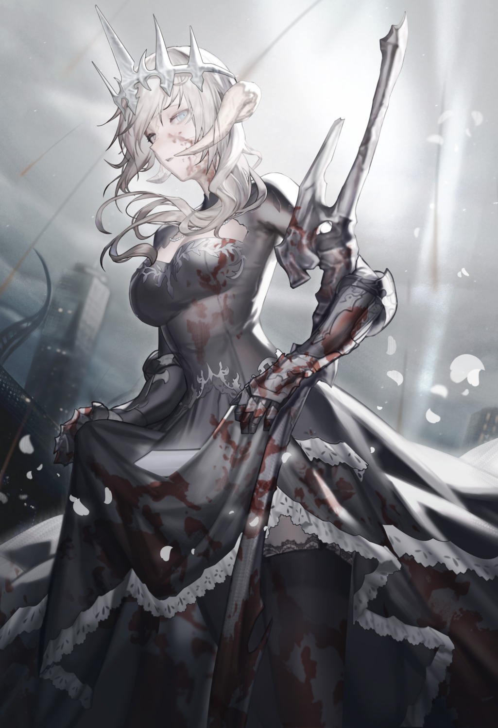 ajirui au_ra blood dress final_fantasy final_fantasy_xiv horns skirt_lift sword thighhighs