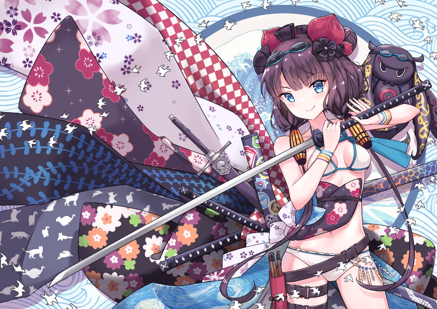 bikini fate/grand_order garter japanese_clothes katsushika_hokusai_(fate) profnote swimsuits sword