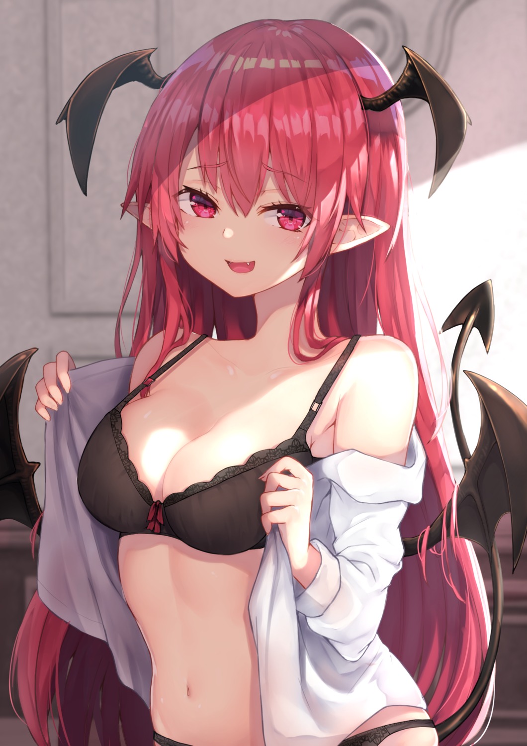 bra dress_shirt koakuma open_shirt pantsu pointy_ears see_through tail touhou undressing wings wowoguni