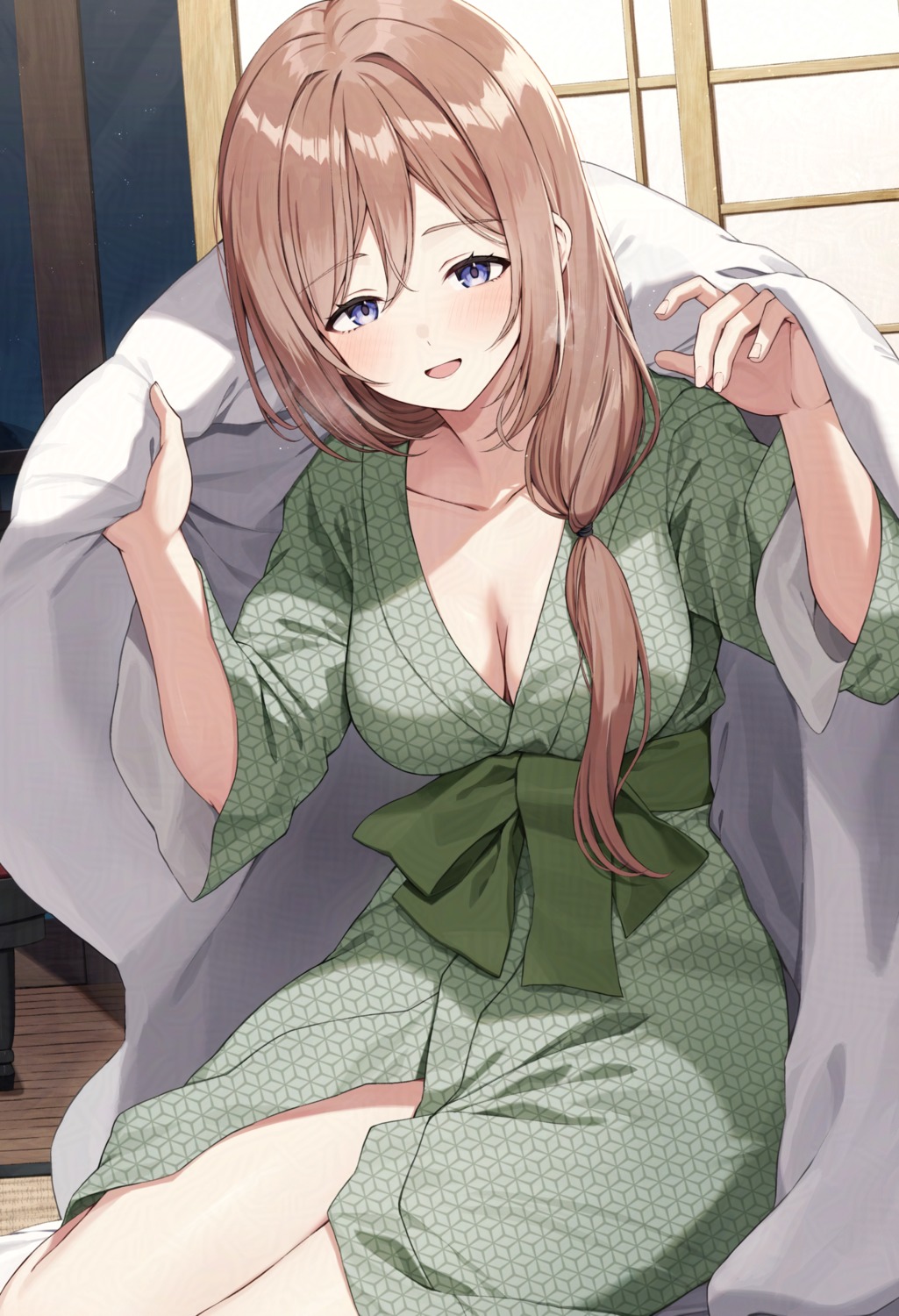 cleavage gakuen_idolm@ster himesaki_rinami kuroto_yuu open_shirt sheets the_idolm@ster yukata