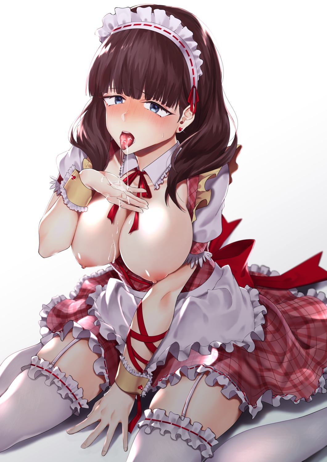 breasts kangoku_meika maid nipples no_bra open_shirt sakuma_mayu stockings the_idolm@ster the_idolm@ster_cinderella_girls thighhighs