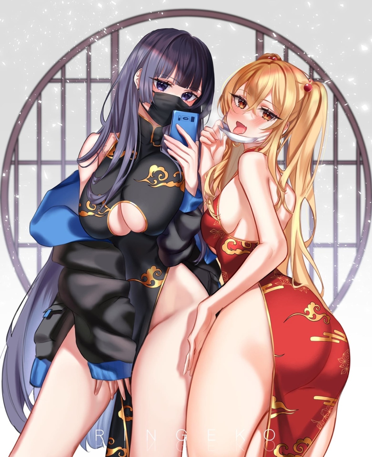 ass chinadress cleavage crossover no_bra nopan ringeko-chan sayuri_(k_pring) selfie shiroki_yuna