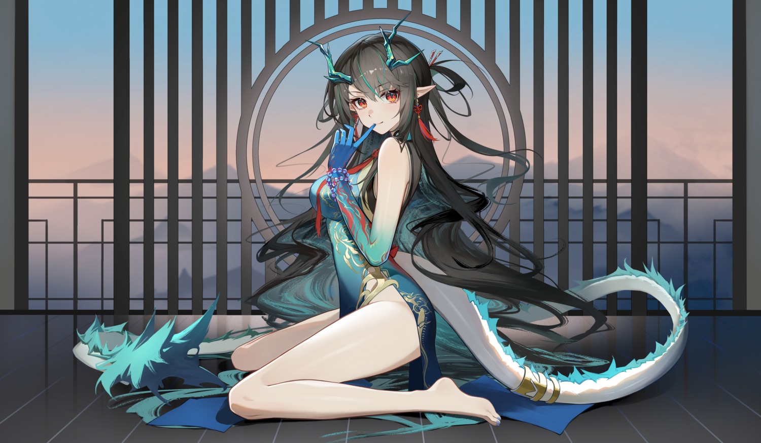 2sankta arknights chinadress dusk_(arknights) horns pointy_ears tail