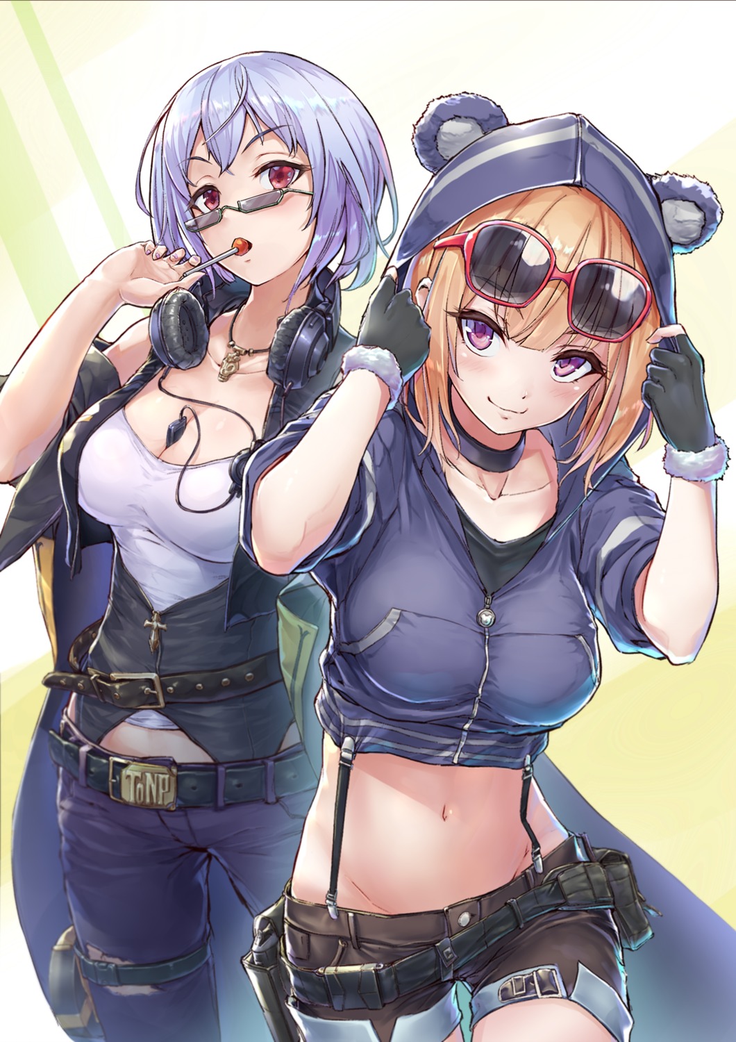 animal_ears cleavage garter girls_frontline grizzly_mkv_(girls_frontline) gun headphones megane potato_tacos thompson_(girls_frontline) torn_clothes