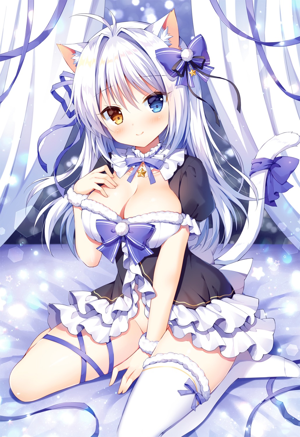 aina_rive animal_ears garter heterochromia mauve nekomimi no_bra nopan tail thighhighs