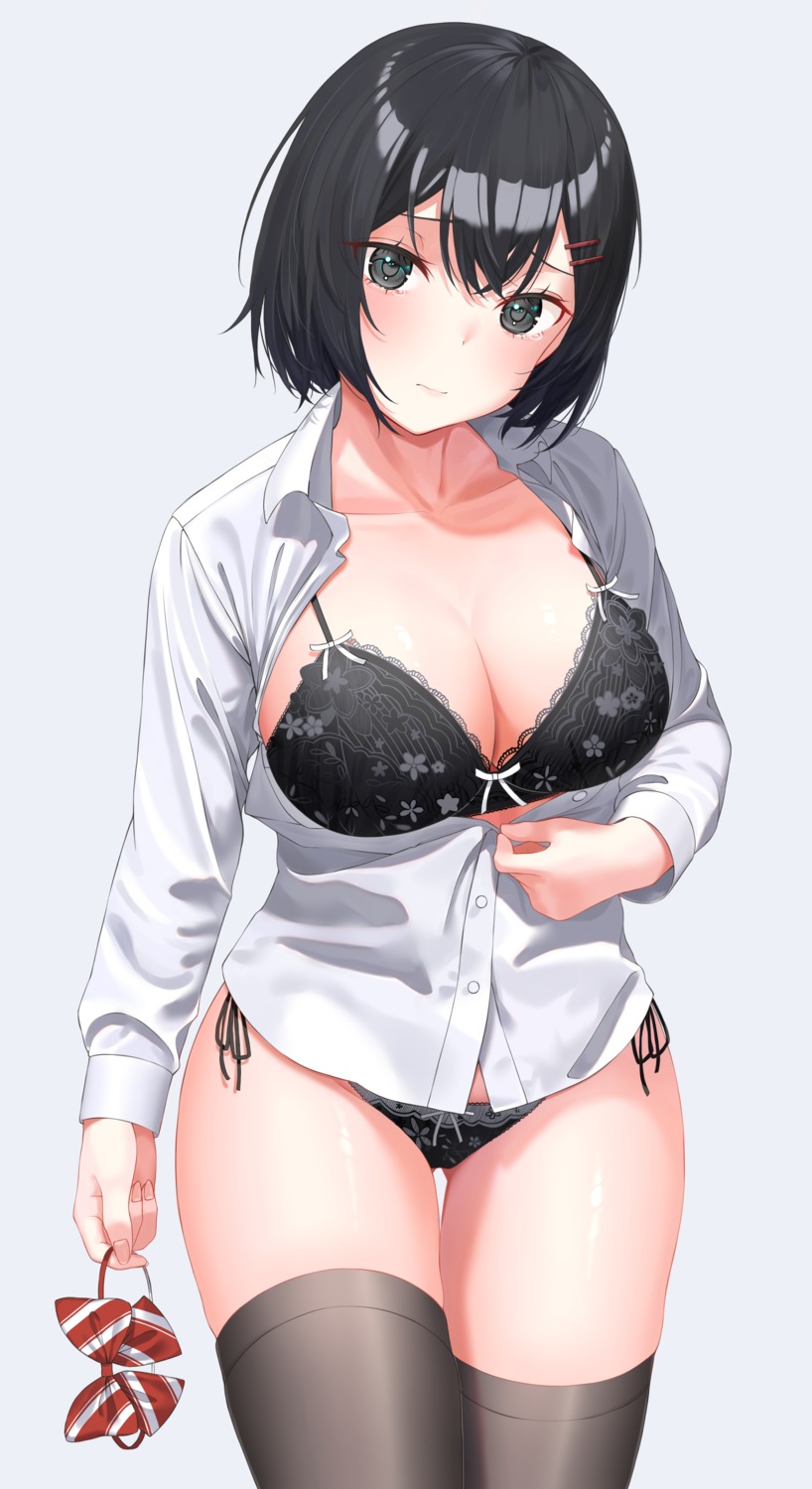 bra dress_shirt kiaoekakishitai lingerie open_shirt pantsu string_panties thighhighs undressing