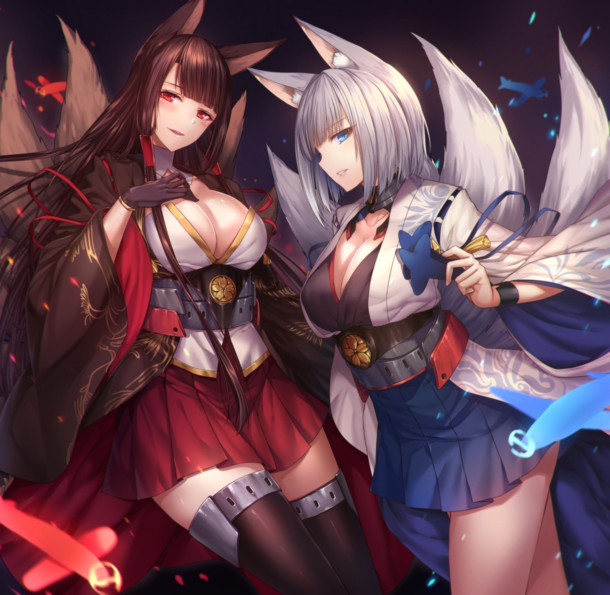 akagi_(azur_lane) animal_ears azur_lane cleavage kaga_(azur_lane) kitsune luzi tail thighhighs