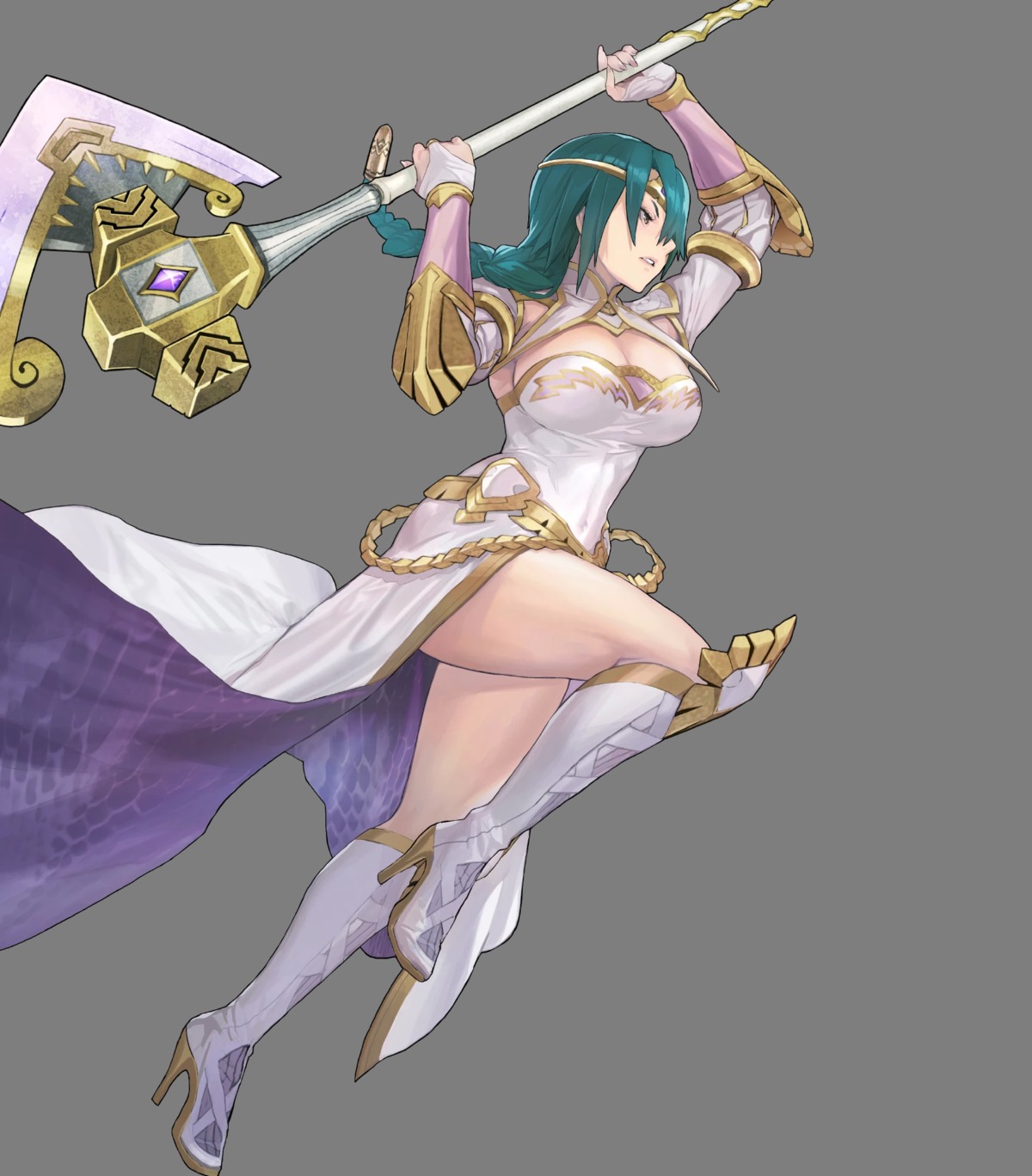 cleavage dress fire_emblem fire_emblem_heroes heels maeshima_shigeki nintendo no_bra skirt_lift thorr weapon