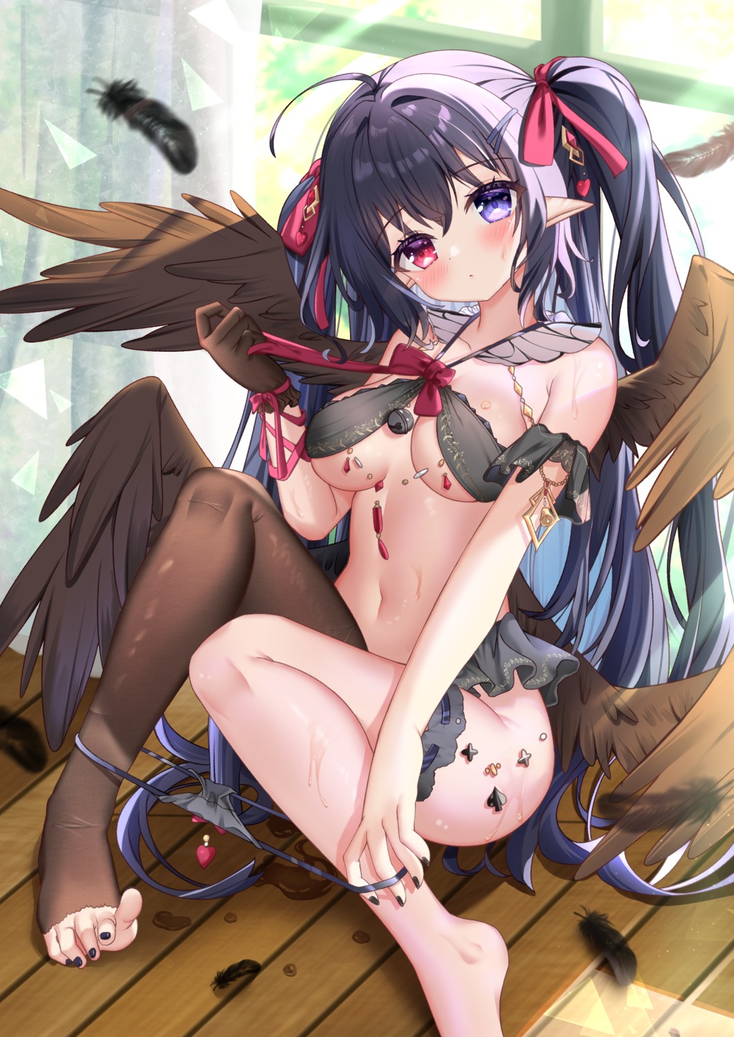 garter heterochromia hiyada_yuu no_bra pantsu panty_pull pointy_ears thighhighs undressing wings