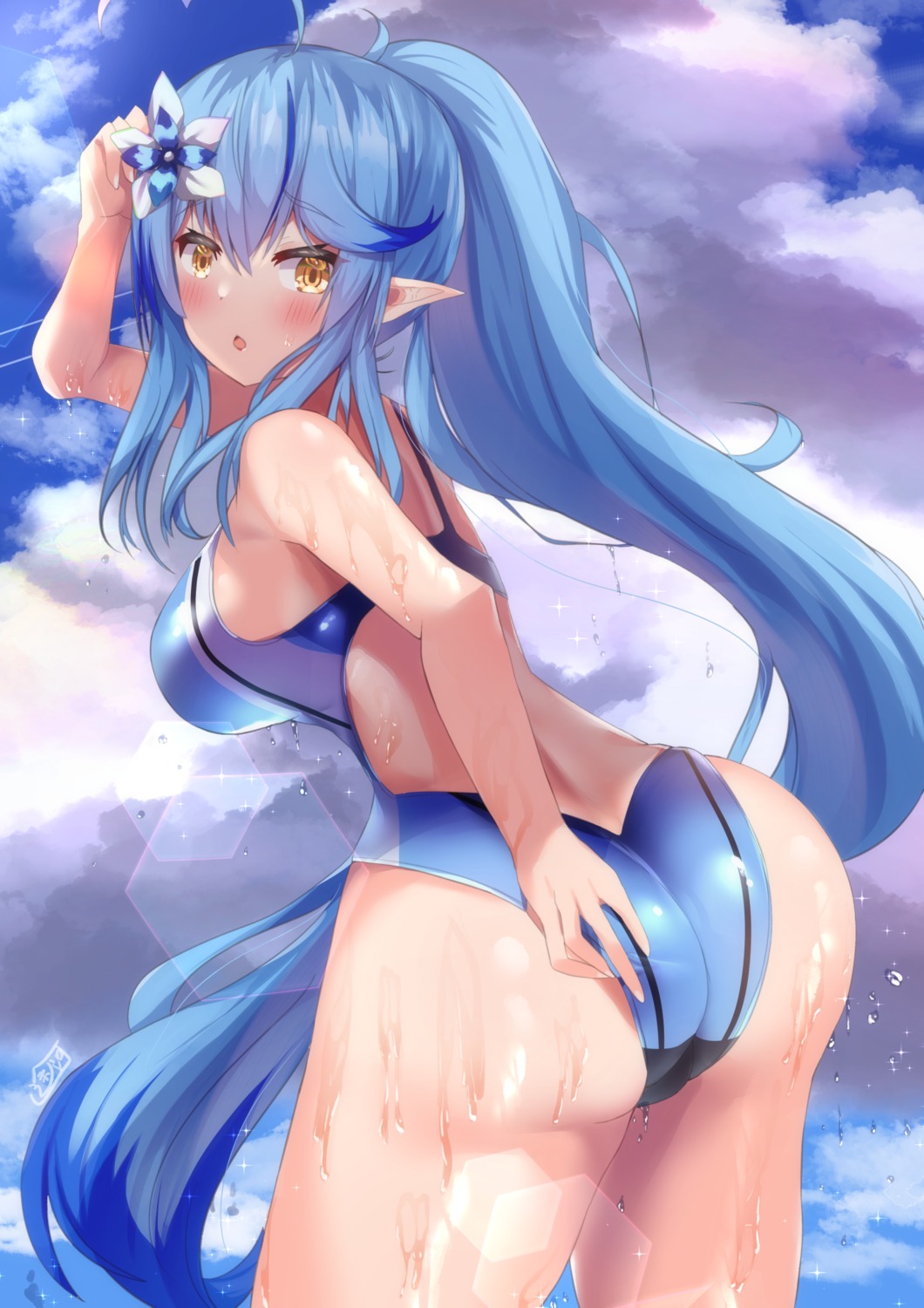 ass elf hololive pointy_ears soruto_reid swimsuits wet yukihana_lamy